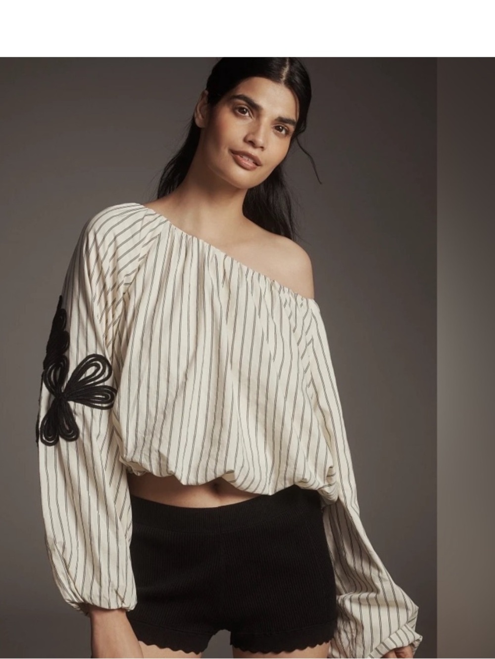 Anthropologie Striped Floral Embroidered Off Shoulder Bubble Hem Top M NWT